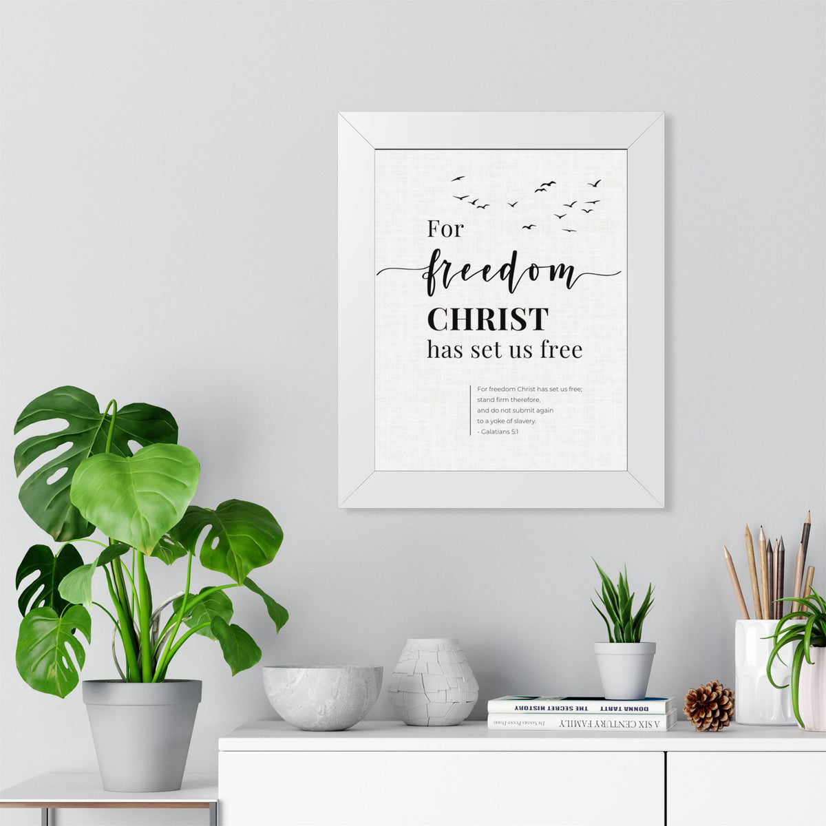 Galatians 5:1 Wall Art, For Freedom Christ Set Us Free, Framed Christian Print, Bible Verse Decor, Christian Gift