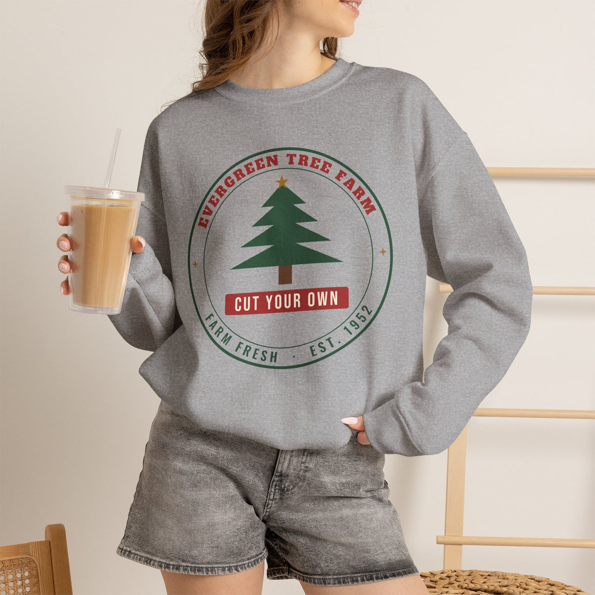 Christmas Tree Farm Sweatshirt, Vintage Evergreen Badge Holiday Crewneck
