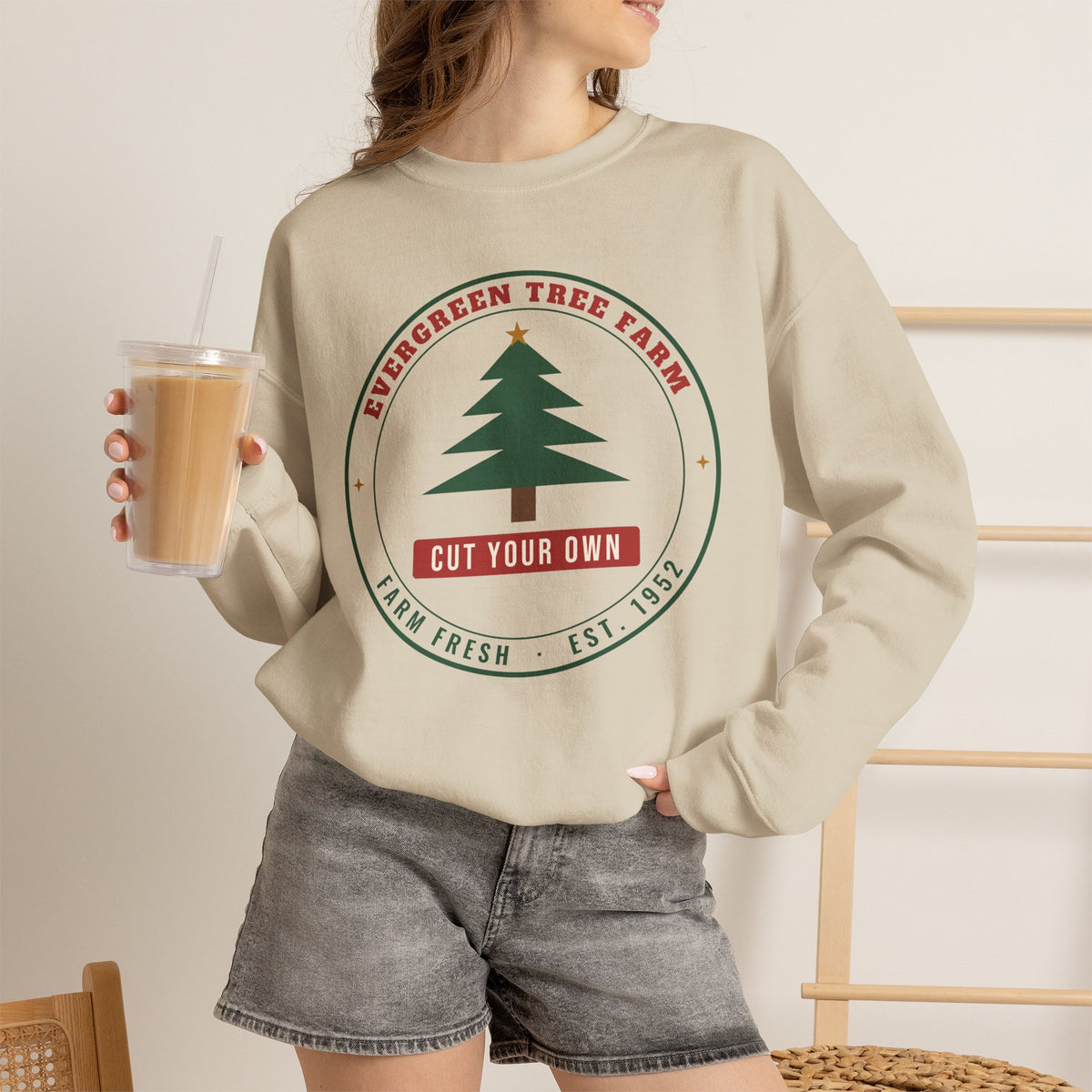 Christmas Tree Farm Sweatshirt, Vintage Evergreen Badge Holiday Crewneck