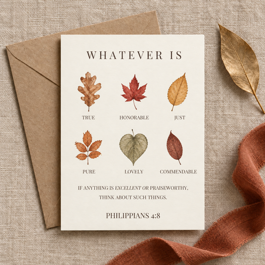 Thanksgiving Christian Greeting Cards Philippians 4:8 | Autumn Leaf Design, Scripture Note Cards with Envelopes, Set of 8, 16 or 24