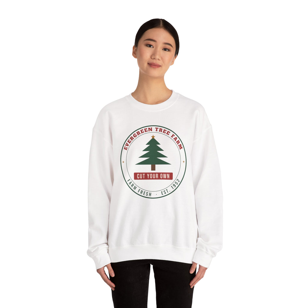 Christmas Tree Farm Sweatshirt, Vintage Evergreen Badge Holiday Crewneck