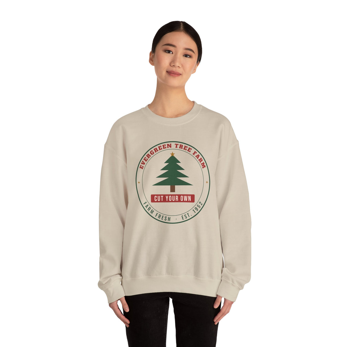 Christmas Tree Farm Sweatshirt, Vintage Evergreen Badge Holiday Crewneck