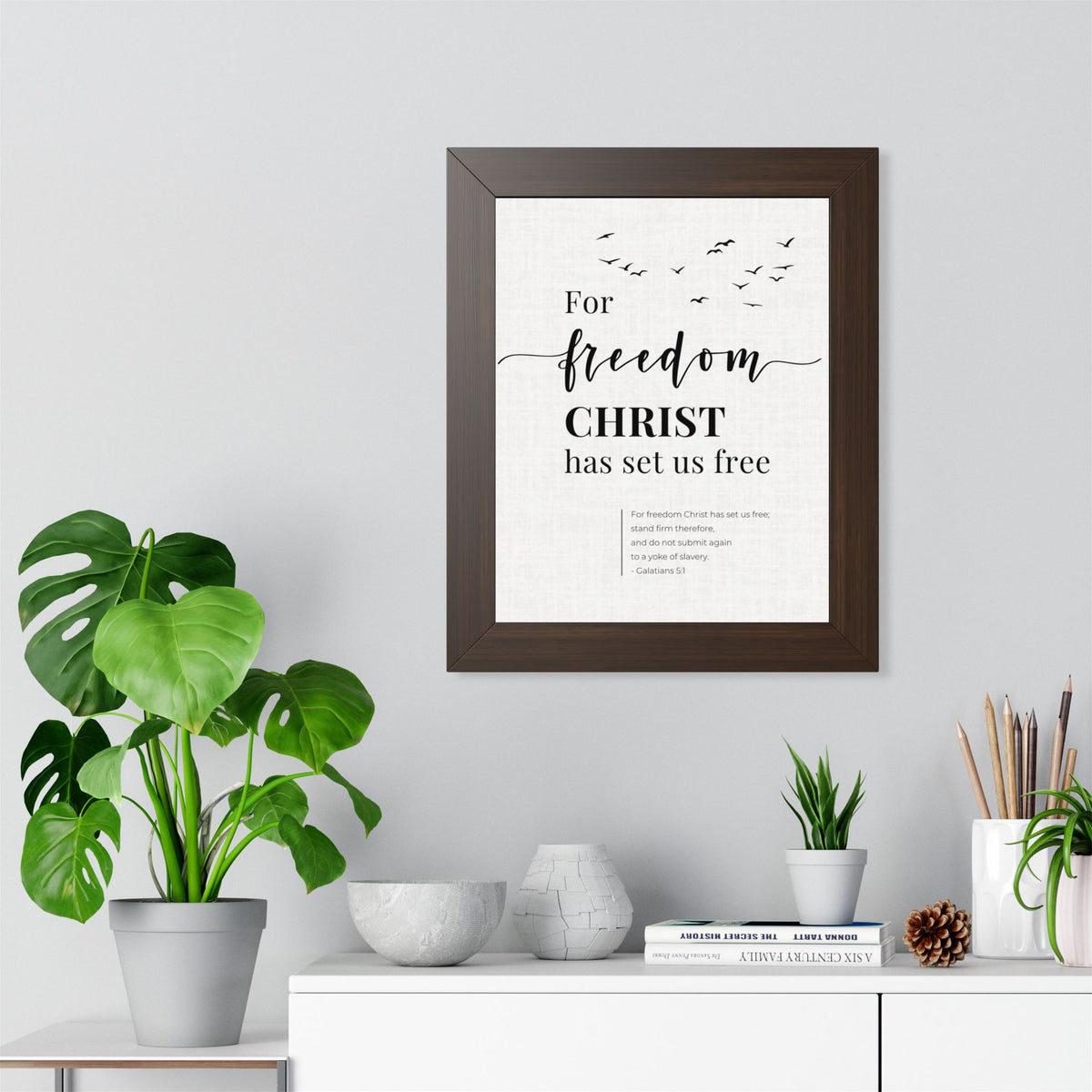 Galatians 5:1 Wall Art, For Freedom Christ Set Us Free, Framed Christian Print, Bible Verse Decor, Christian Gift