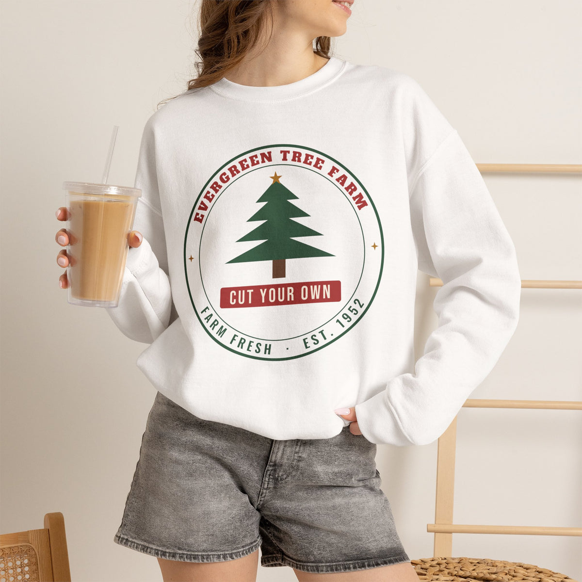 Christmas Tree Farm Sweatshirt, Vintage Evergreen Badge Holiday Crewneck