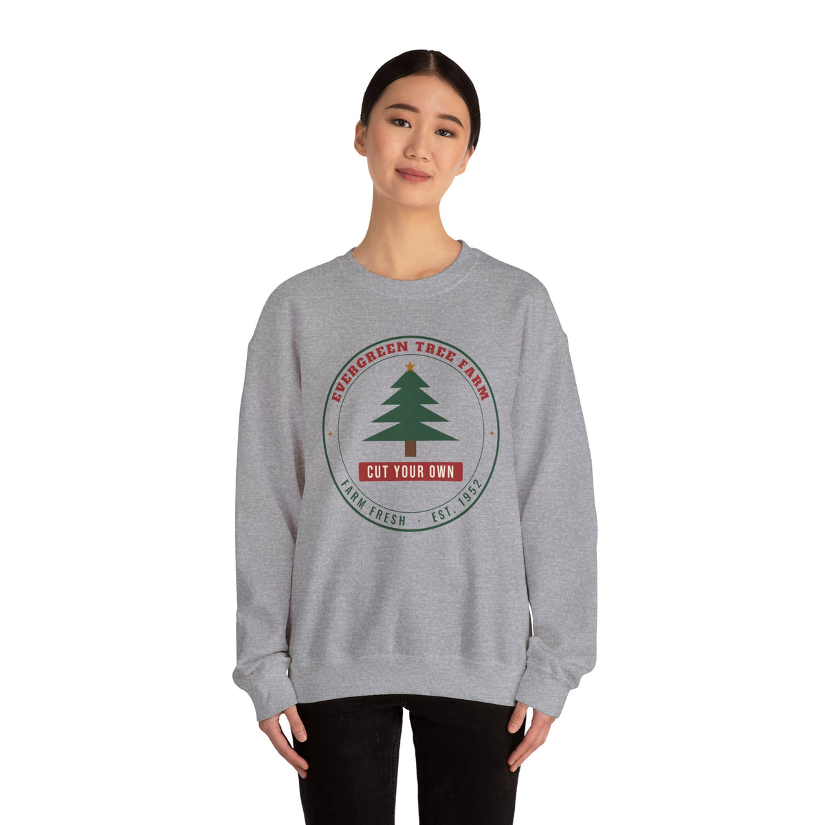 Christmas Tree Farm Sweatshirt, Vintage Evergreen Badge Holiday Crewneck