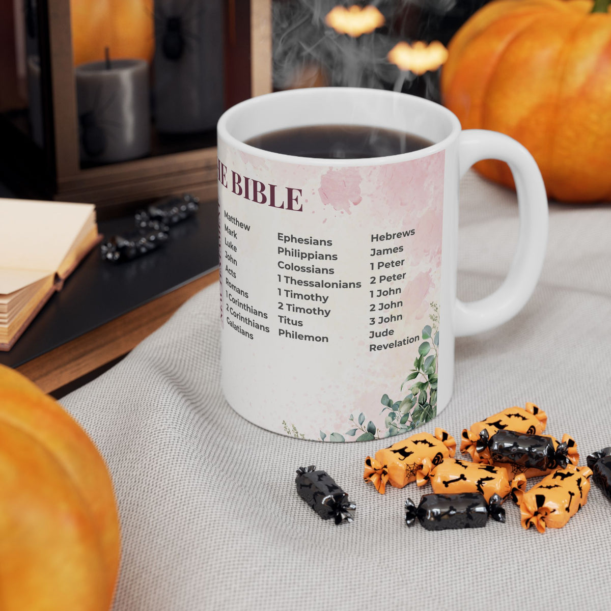 Books of the Bible Mug, Christian Coffee Cup, Floral Scripture Mug, Bible Study Gift for Women, Christian Teacher Gift, 11oz 15oz